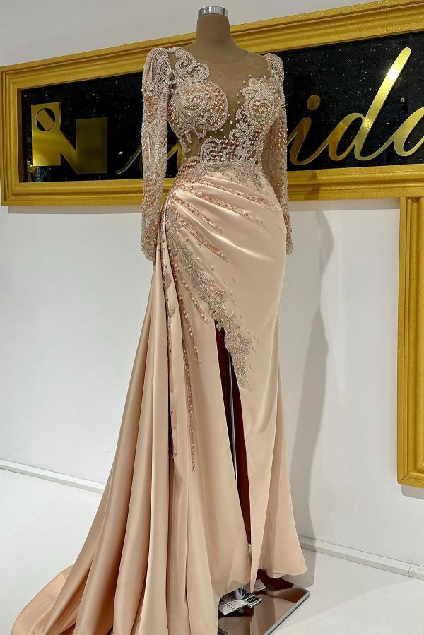 Elegante Abendkleider Lang mit Ärmeln Aiballkleid Champagner