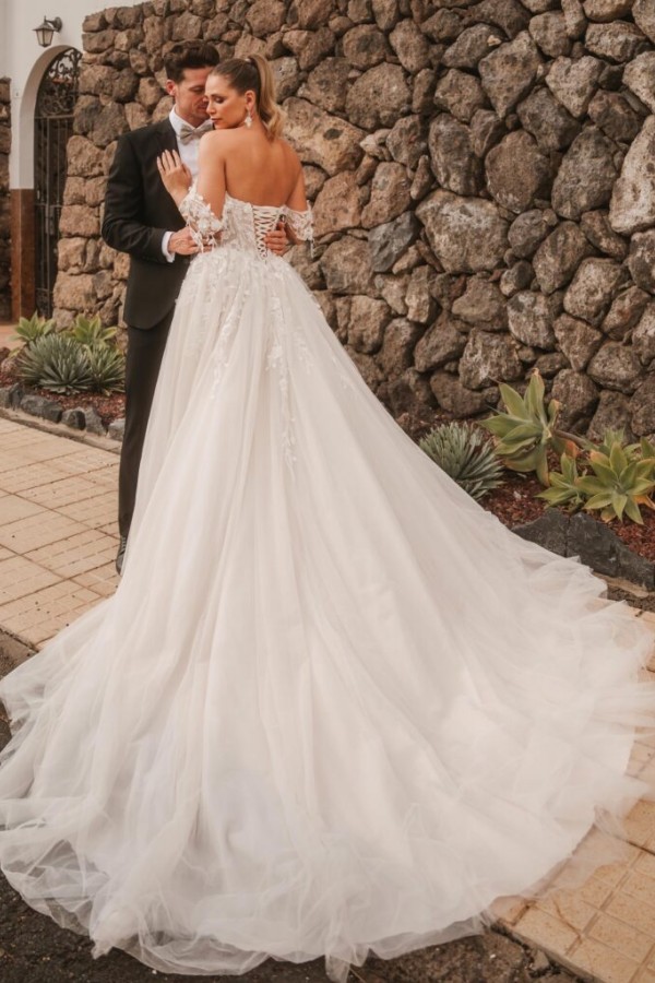 Elegante Hochzeitskleider A Linie Spitze Tüll Brautmoden mit Glitzer