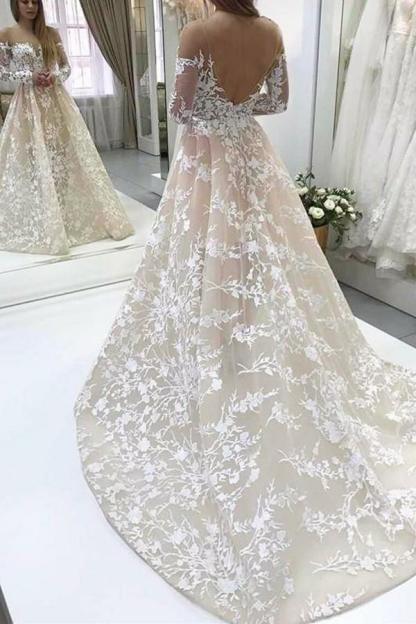 Vintage Brautkleider A Linie Spitze Hochzeitskleider mit Ärmel