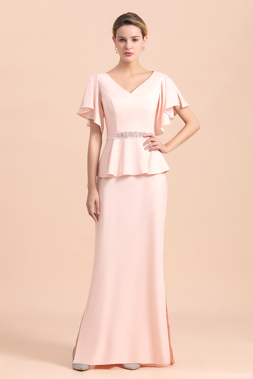 Rosa Bruatmutterkleider Lang Mit Ärmel | Günstiges Brautmutterkleid-Misshow.de