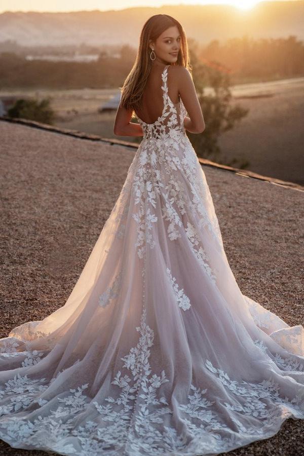 Hochzeitskleid Spitze A-Linie | Brautkleid Rückenfrei-Misshow.de