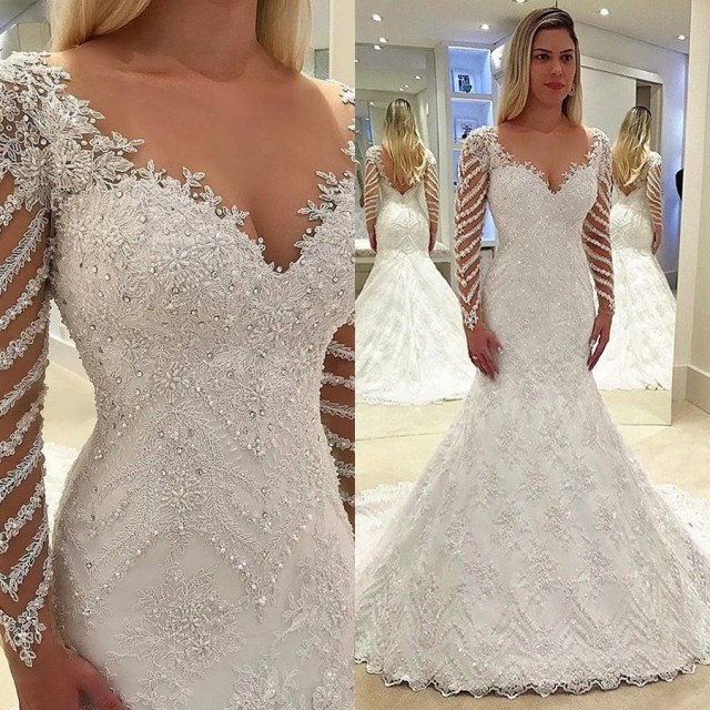 Elegante Weiße Brautkleider Spitze Günstig Hochzeitskleider Mit Ärmel-Misshow.de
