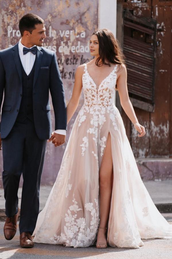 Schöne Hochzeitskleider Spitze | Brautkleid A-Linie V-Ausschnitt