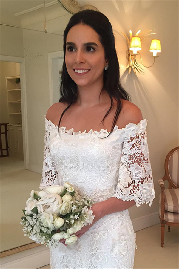Weiße Schlichtes Brautkleid Spitze Mit Ärmel Meerjungfrau Hochzeitskleider Günstig-Misshow.de