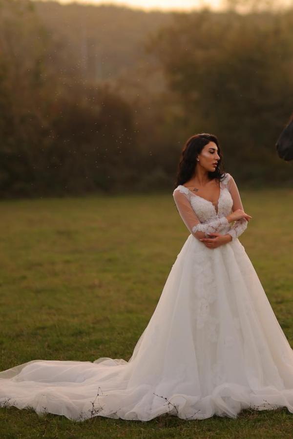 Modern Hochzeitskleider mit Ärmel | Brautkleider A Linie Spitze-Misshow.de