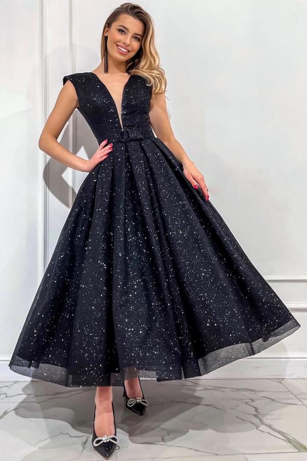 Schwarzes Cocktailkleid Kurz | Abiballkleider mit Glitzer
