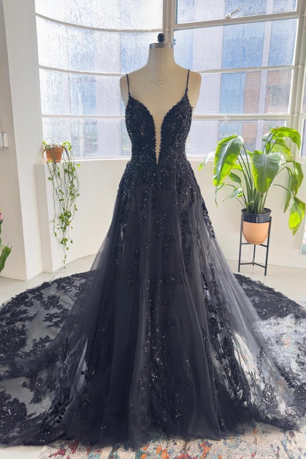Schwarze Brautkleider Spaghetti-Träger | Hochzeitskleider mit Spitzer