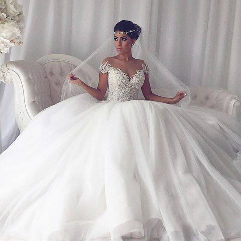 Elegante Hochzeitskleider Mit Spitze Prinzessin | Schöne Weiße Tüll Brautkleider-Misshow.de