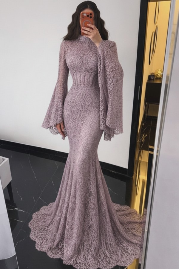 Braun Abendkleider Lang Spitze Meerjungfrau Ballkleid mit Ärmel