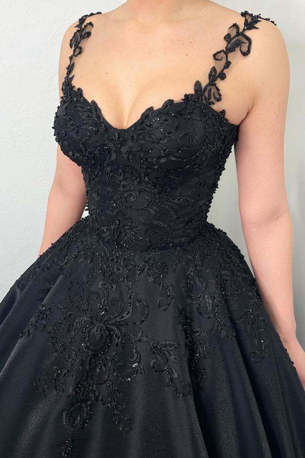 Schwarze Brautkleider A Linie | Satin Hochzeitskleider mit Spitze