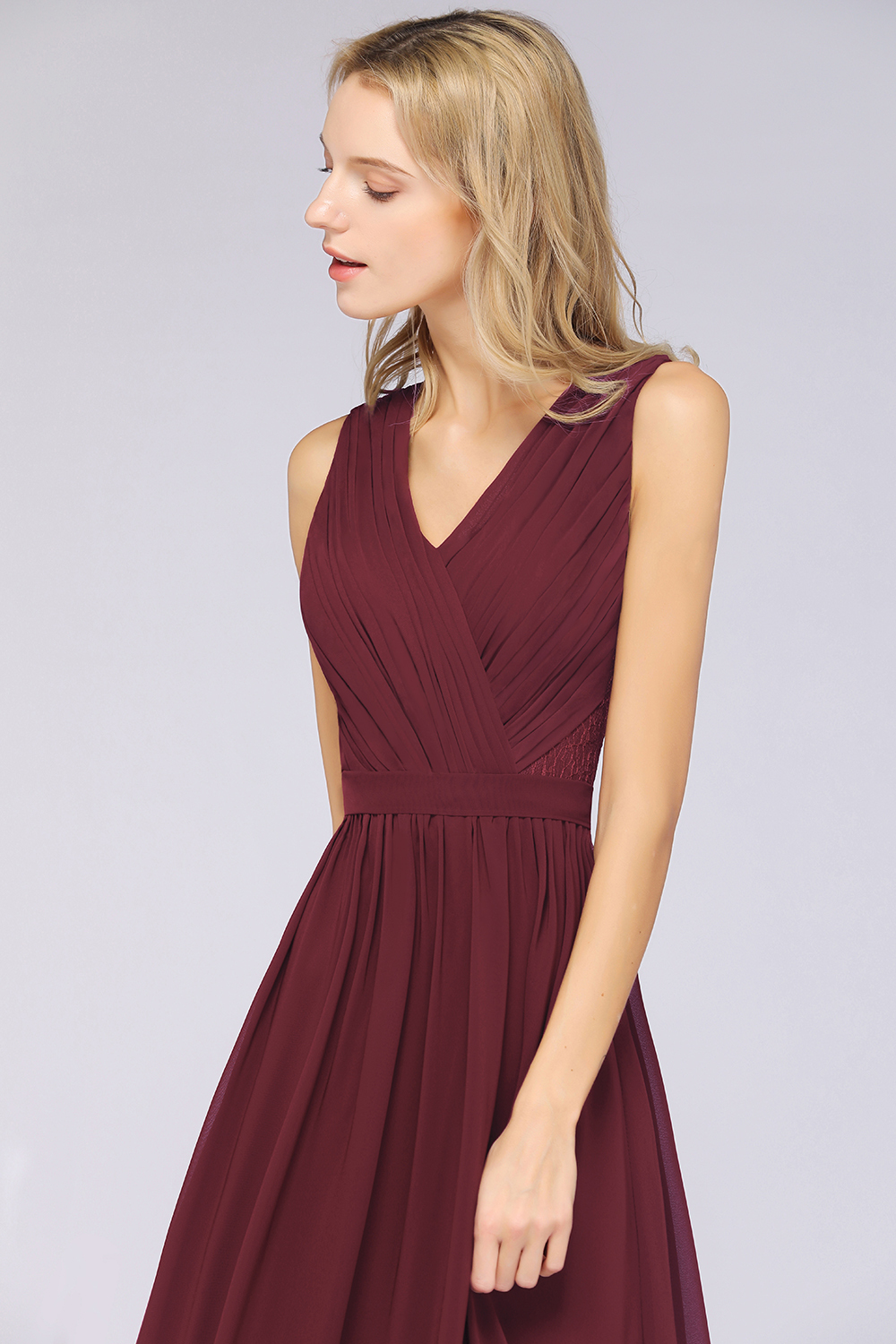 Abendkleid Lang V Ausschnitt | Brautjungfernkleider Günstig Weinrot
