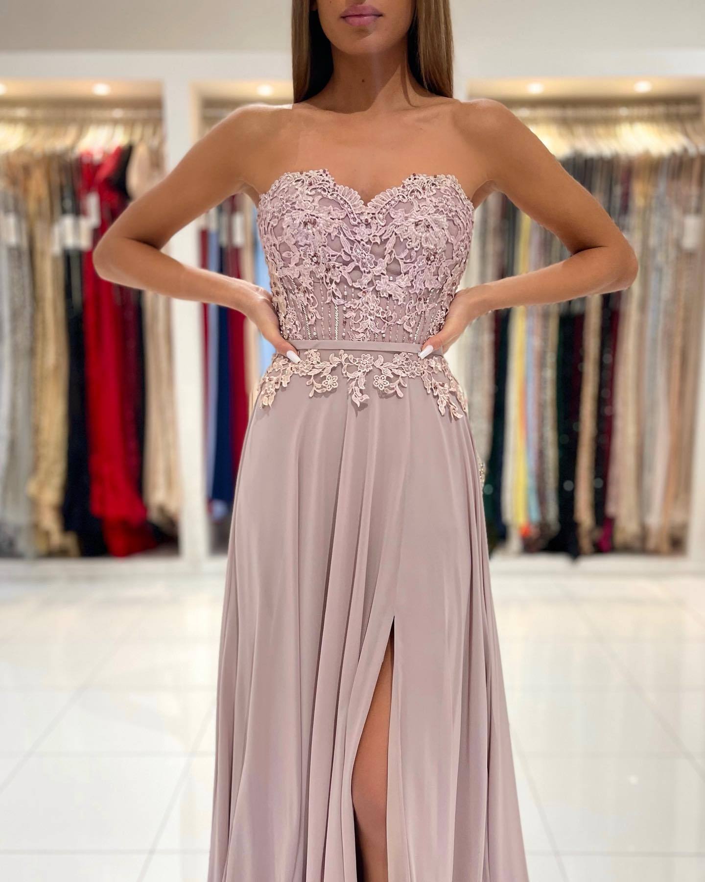 Dunsty Rosa Abendkleider Lang Chiffon | Abiballkleider mit Spitze