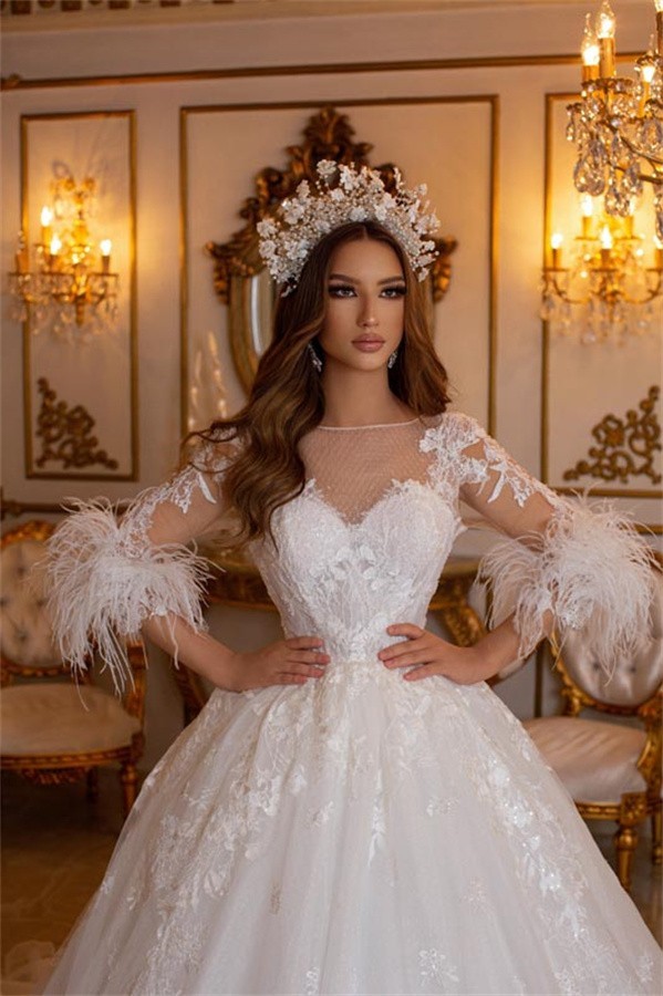 Designer Hochzeitskleider mi Ärmel | Brautkleider A Linie Spitze