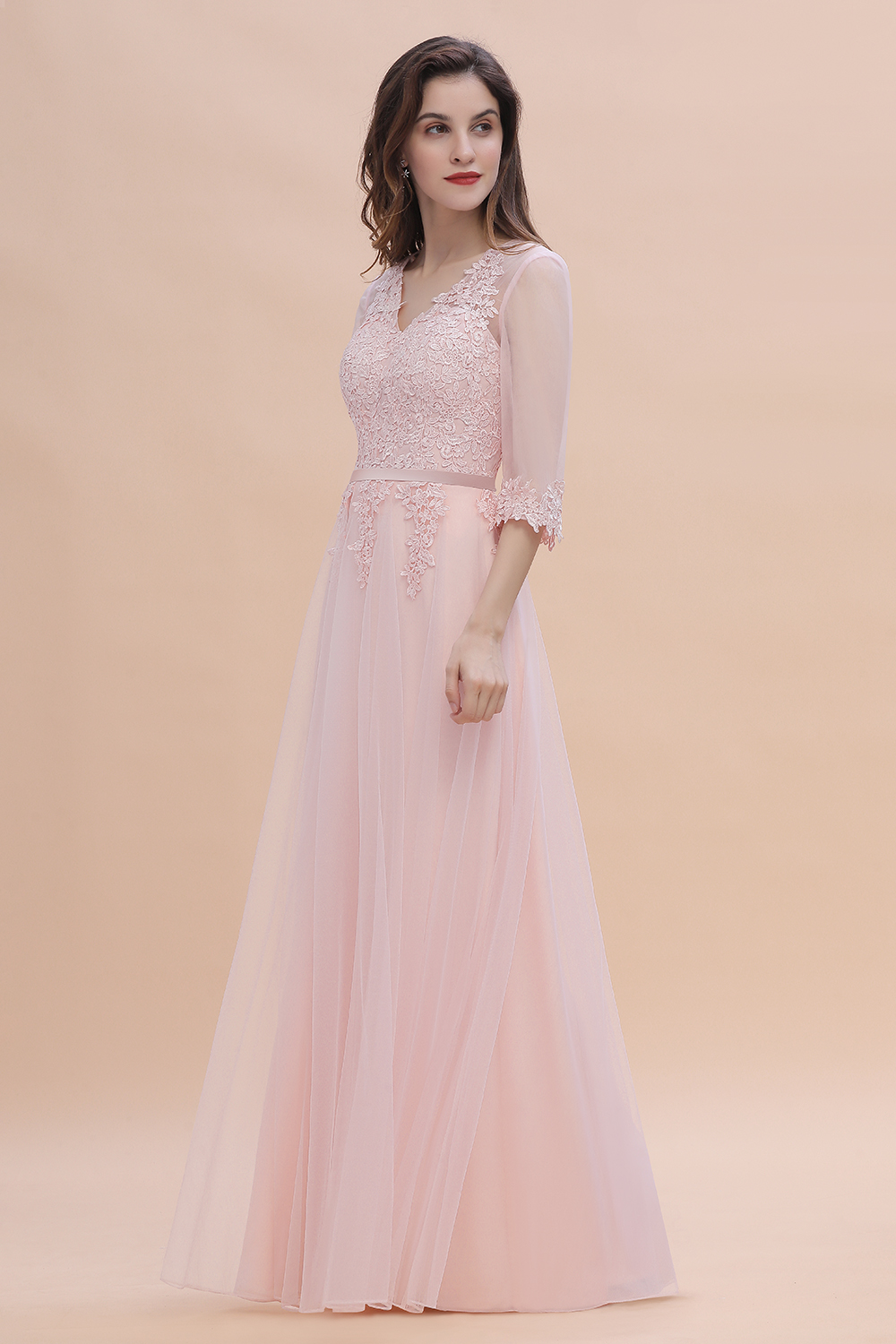 Brautjungfernkleider Lang Rosa | Chiffon Kleider Mit Spitzen Ärmel-Misshow.de