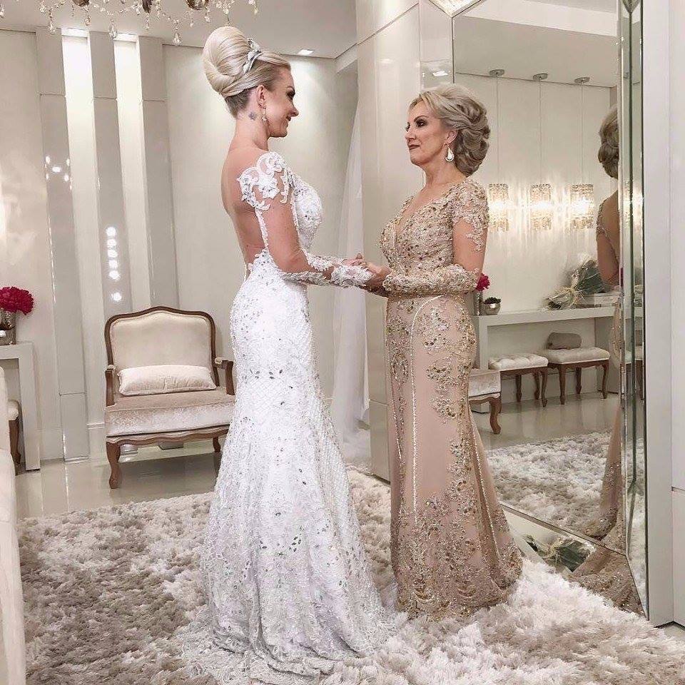 Golden Brautmutterkleider Spitze Mit Ärmel Günstig Abendkleider für Hochzeit Online
