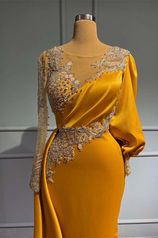 Elegante Abendkleider Lang Gold | Abiballkleider mit Ärmel-Misshow.de