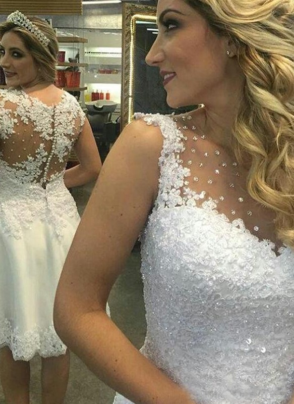 Elegante Weiße Hochzeitskleider Kurz Spitze A Line Perlen Brautkleider Günstig-Misshow.de