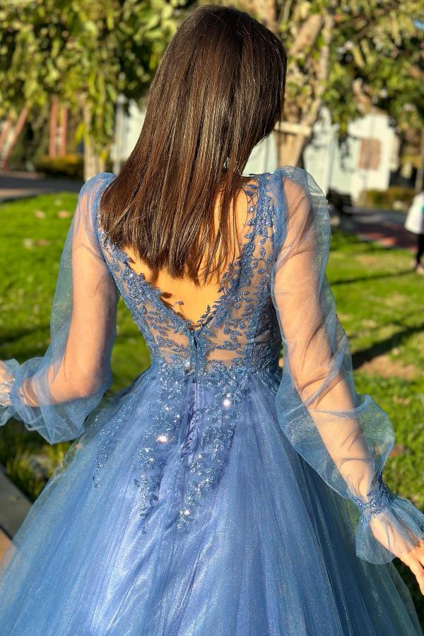 Elegante Abendkleider Lang V Ausschnitt | Blaue Abiballkleider Günstig-Misshow.de
