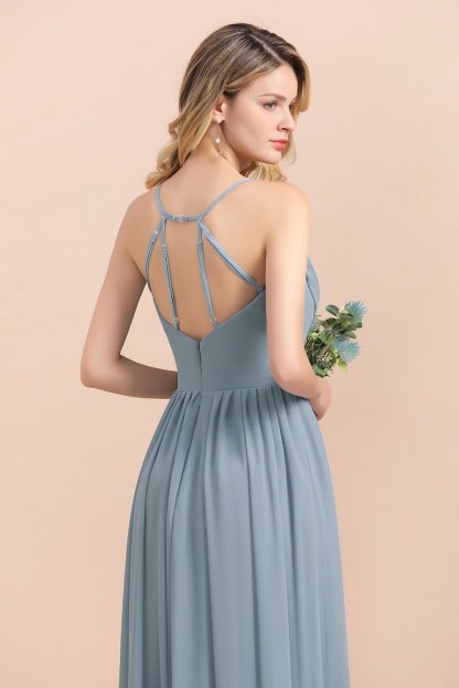 Dusty Blau Brautjungfernkleider Lang Chiffon | Hochzeitspartykleider günstig