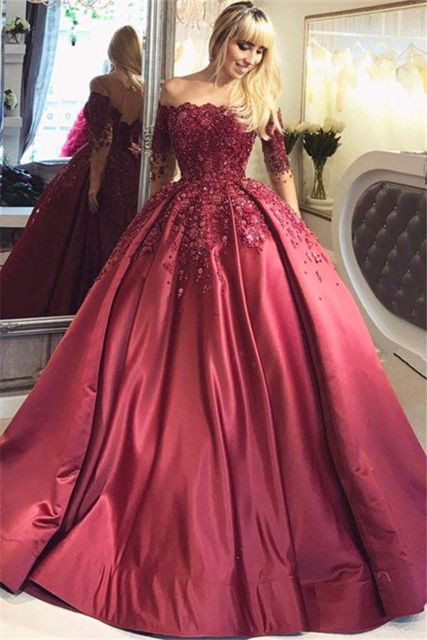 Weinrot Abendkleider Lang Mit Ärmel Prinzessin Kleider Abendmoden Online-Misshow.de