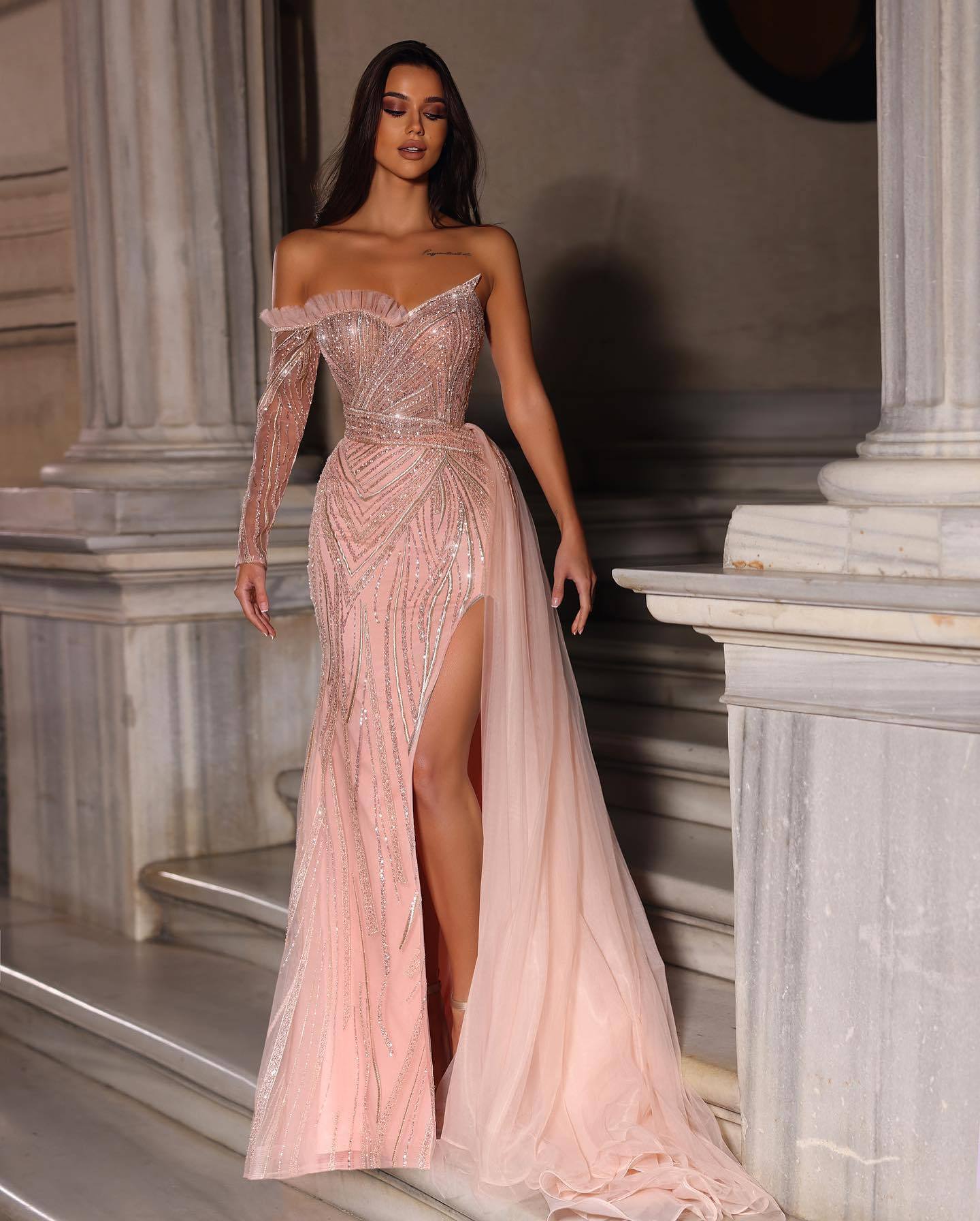 Extravagante Abendkleider Lang Rosa | Abiballkleider mit Glitzer