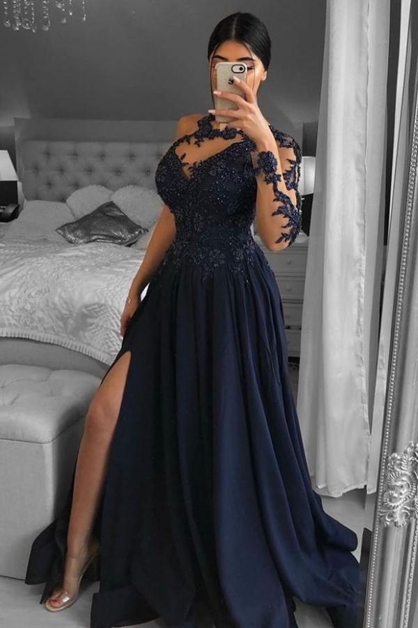 Navy Blau Abendkleider Mit Ärmel | Spitze Abiballkleider Lang Günstig