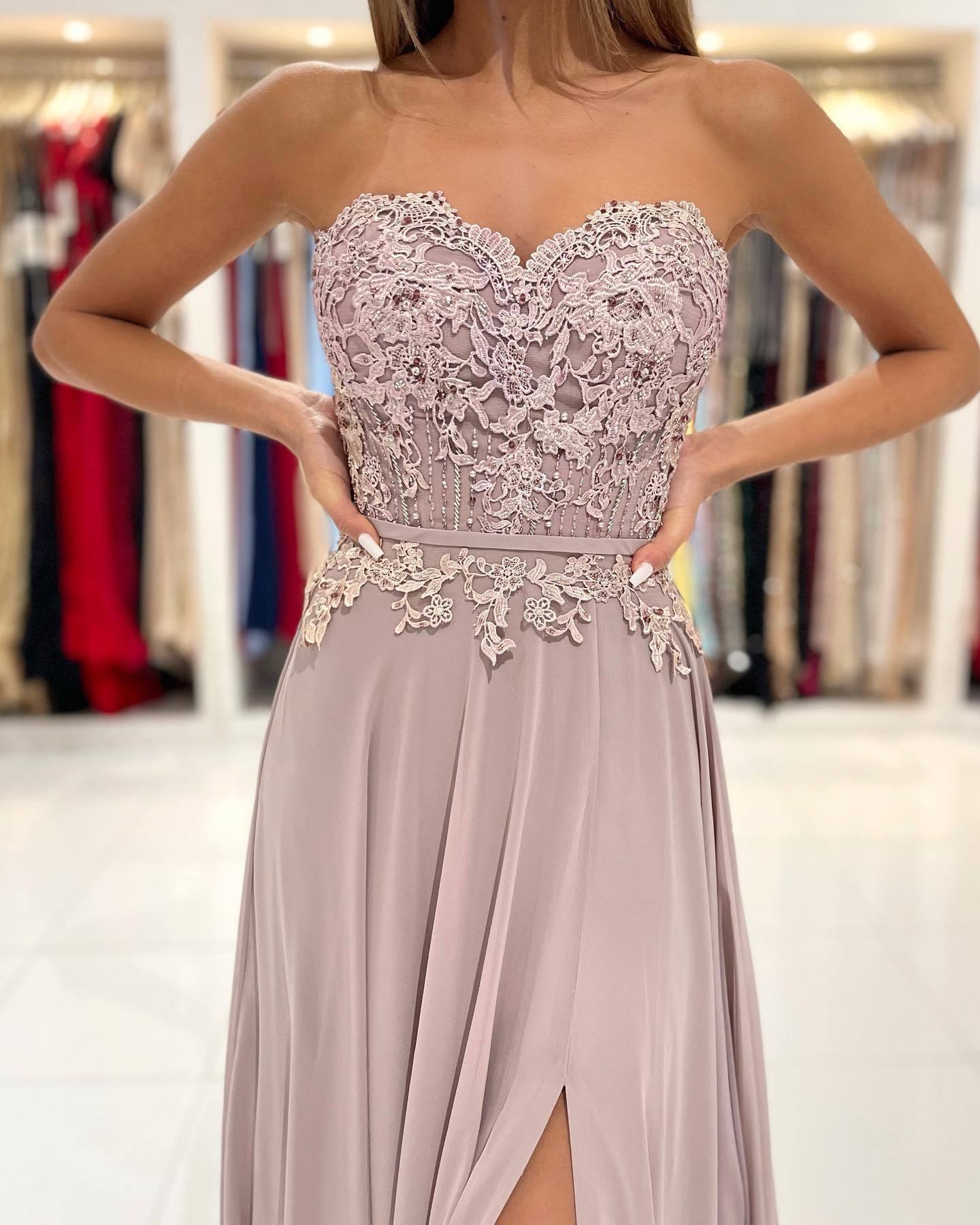 Dunsty Rosa Abendkleider Lang Chiffon | Abiballkleider mit Spitze