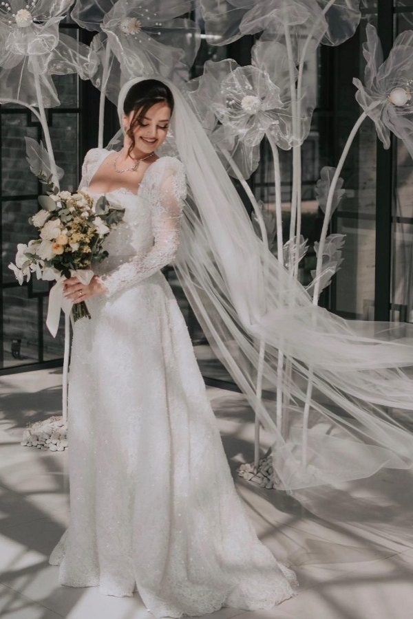 Schönes Hochzeitskleid A Linie | Brautkleid mit Ärmel