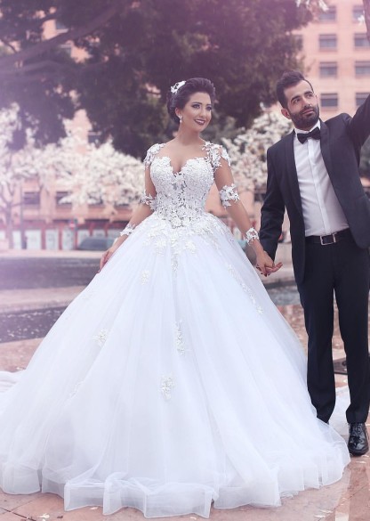 Designer Weiß Brautkleider Lang Ärmel Mit Spitze Prinzessin Organza Hochzeitskleider