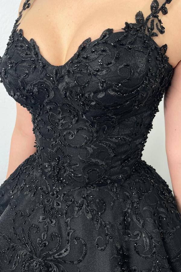 Schwarze Brautkleider A Linie | Satin Hochzeitskleider mit Spitze