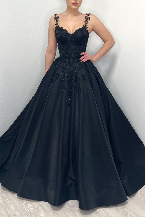 Schwarze Brautkleider A Linie | Satin Hochzeitskleider mit Spitze