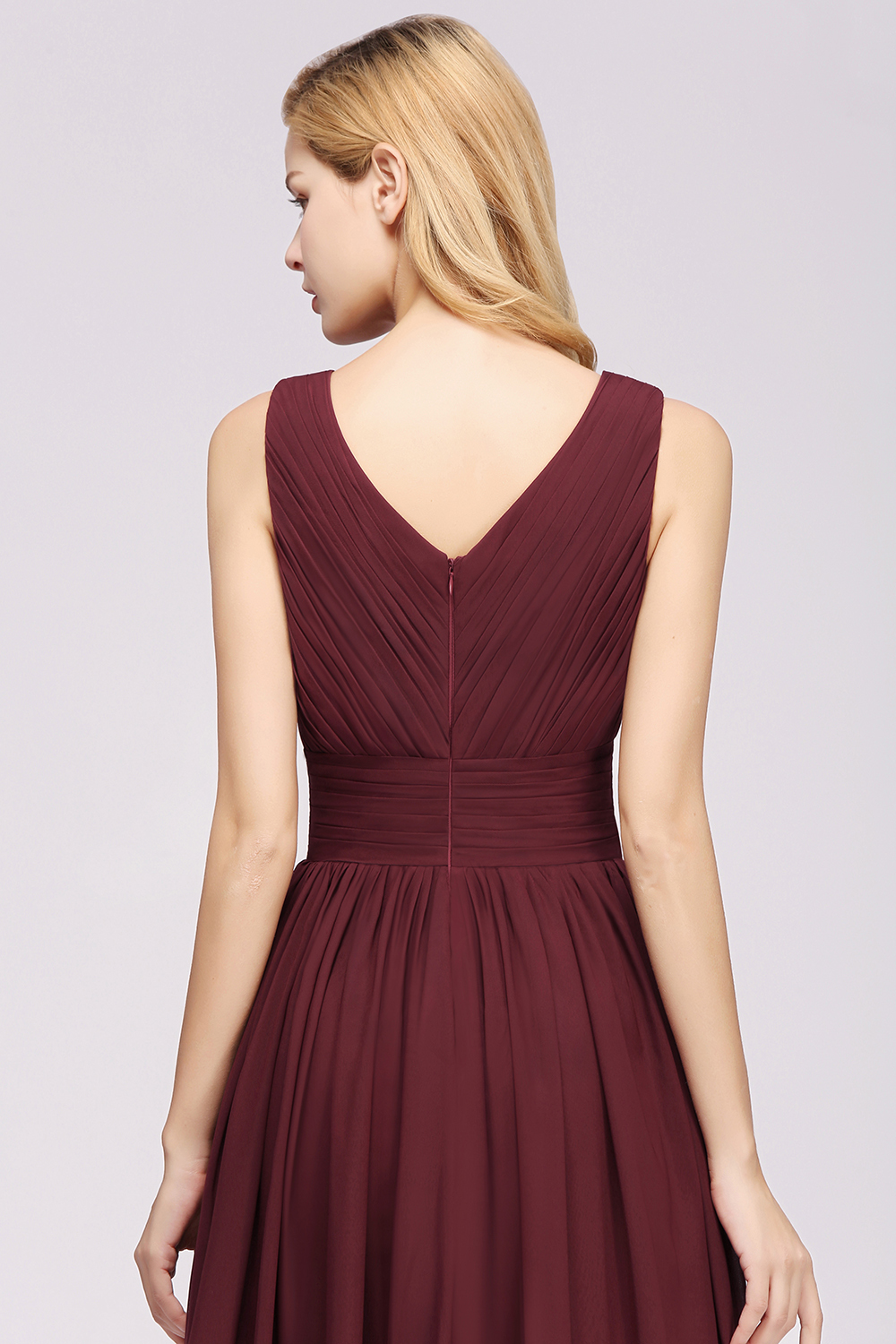 Weinrot Brautjungfernkleider Lang Chiffon | Abendkleider V Auschnitt