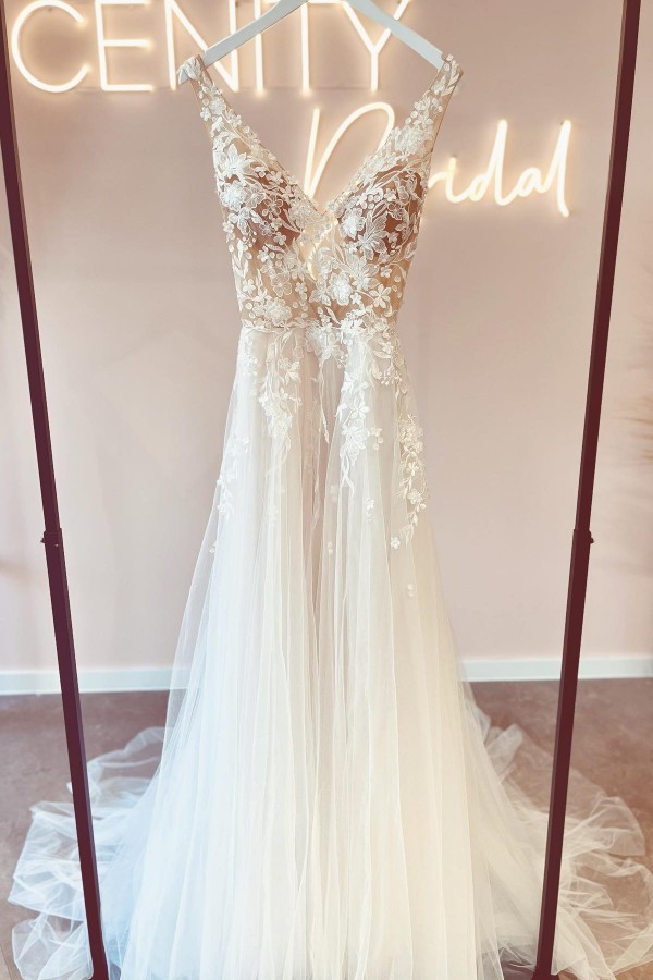 Schöne Brautkleider V-Ausschnitt A-Linie | Hochzeitskleider Spitzer
