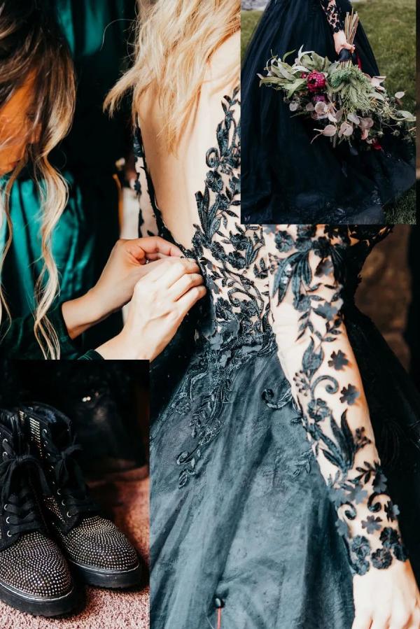 Designer Brautkleider A Linie Spitze | Schwarze Hochzeitskleider mit Ärmel-Misshow.de