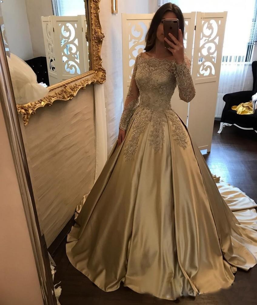 Designer Golden Brautkleider Mit Ärmel Lang Prinzessin Hochzeitskleider Günstig Online-Misshow.de