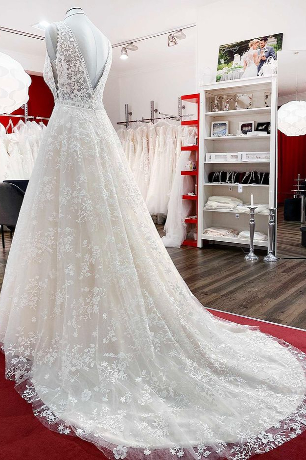 Brautkleider V Ausschnitt Mit Spitze | Creme Hochzeitskleider A Linie-Misshow.de