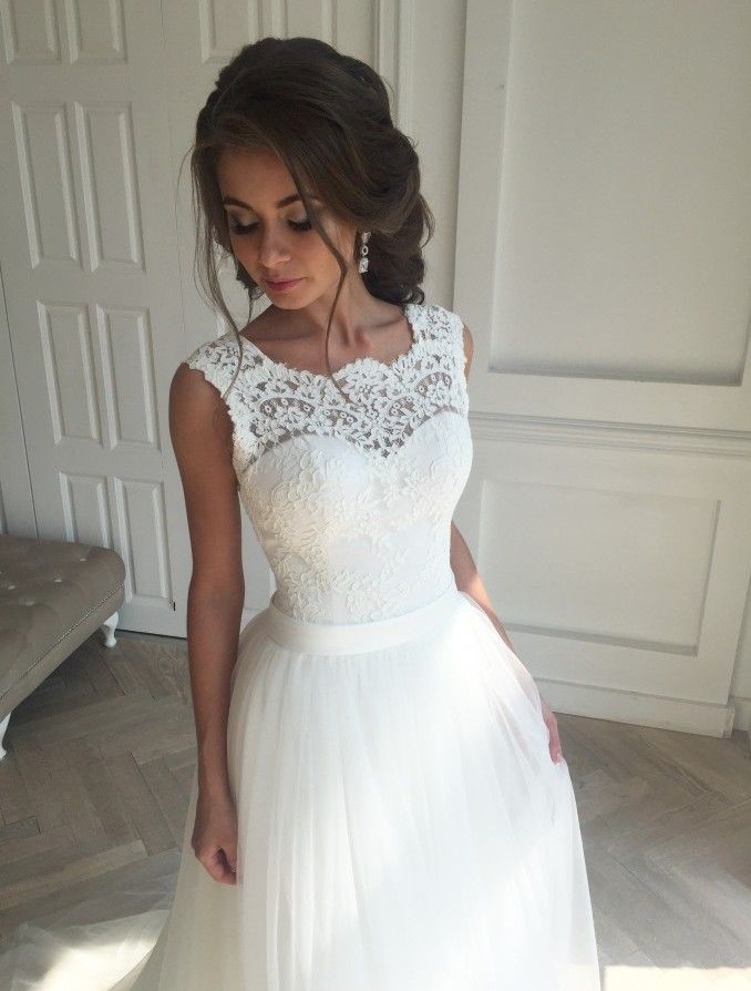 Elegant Brautkleider Weiß Mit Spitze Tüll Etuikleider Brautmoden Günstig Nach Mäßig-Misshow.de