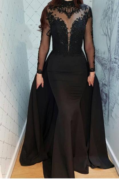 Günstige Abendkleider Lang Schwarz | Spitze Abendkleid Mit Ärmel