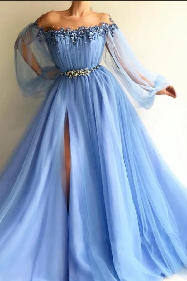 Elegante Abendkleider Lang Blau | Abiballkleider mit Ärmel