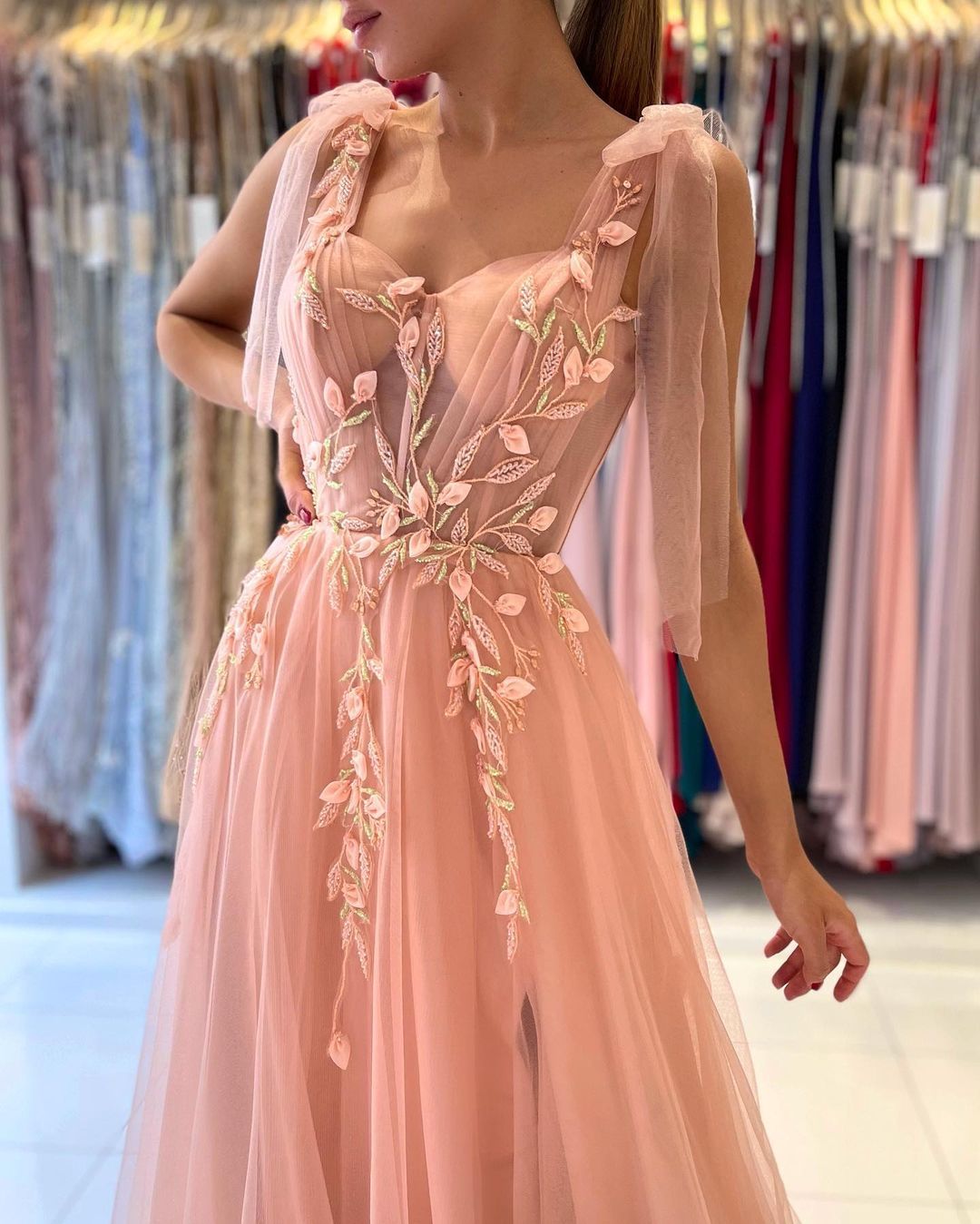 Peach Abendkleider Lang Günstig | Schöne Abiballkleider mit Spitze