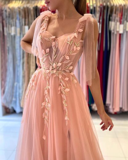 Peach Abendkleider Lang Günstig | Schöne Abiballkleider mit Spitze