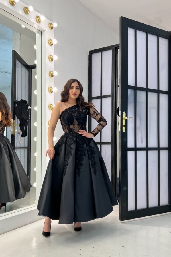 Schwarze Cocktailkleider Partykleider Kurze Ballkleider mit Ärmel