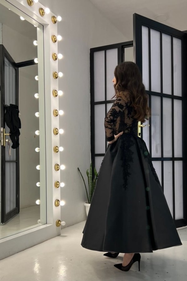 Schwarze Cocktailkleider Partykleider Kurze Ballkleider mit Ärmel