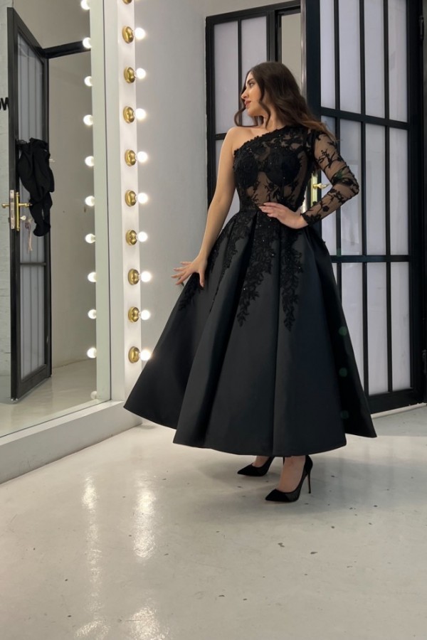 Schwarze Cocktailkleider Partykleider Kurze Ballkleider mit Ärmel