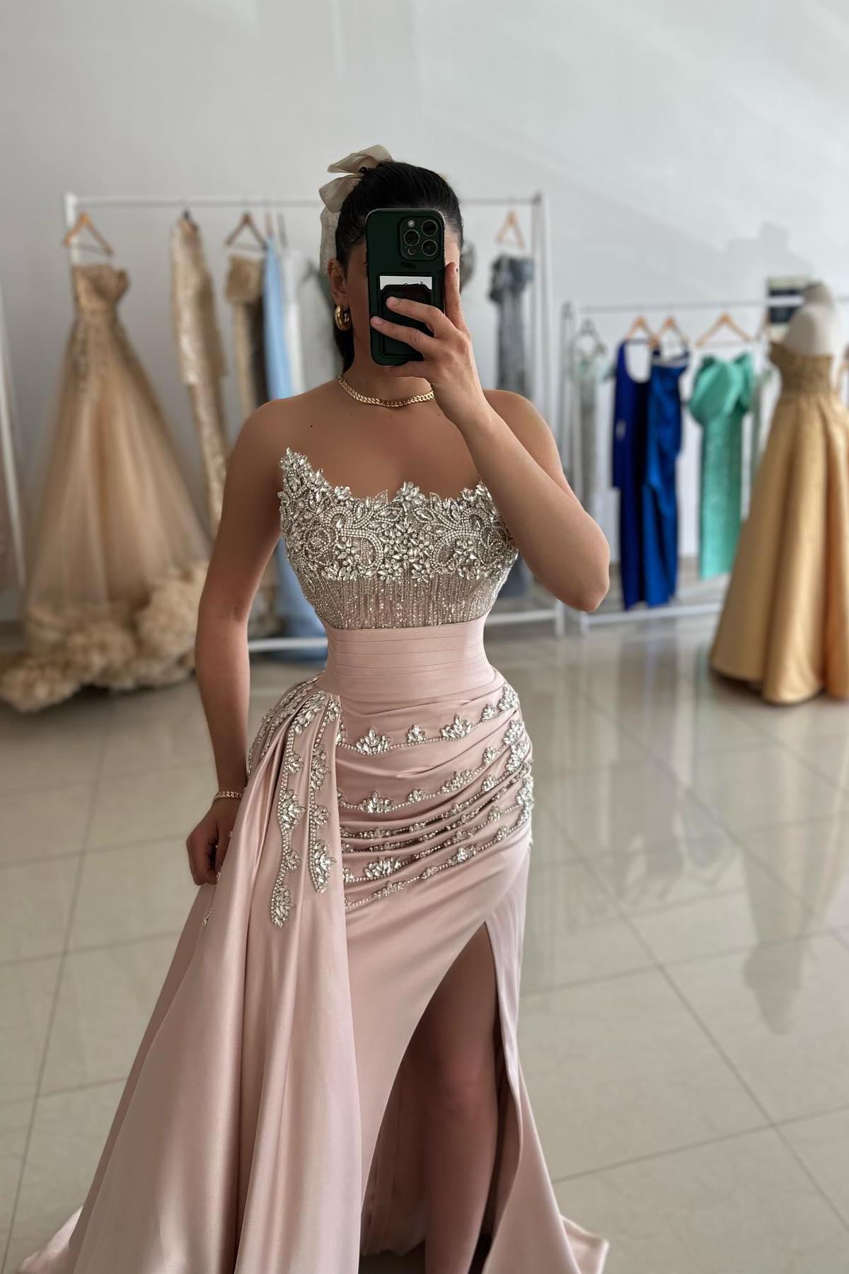 Schöne Abendkleider Lang Rosa Ballkleider Abiballkleider mit Glitzer-Misshow.de