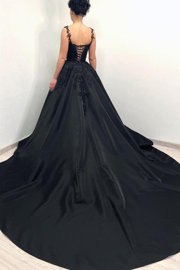 Schwarze Brautkleider A Linie | Satin Hochzeitskleider mit Spitze