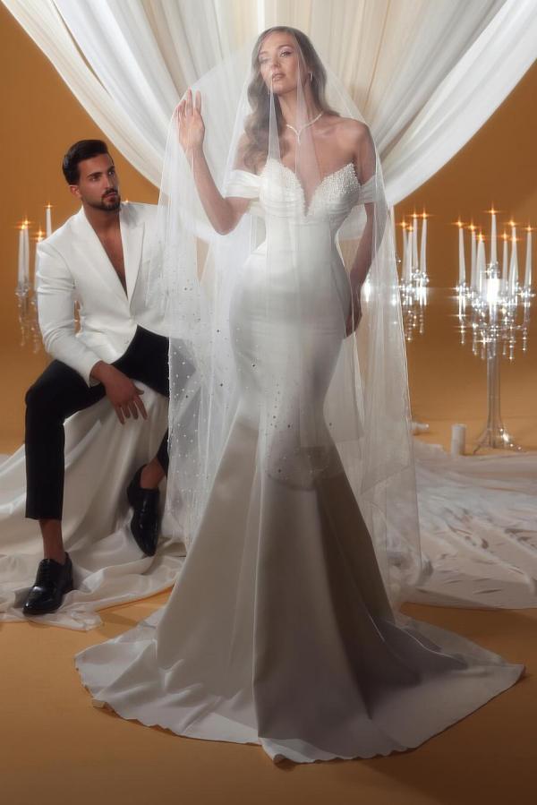 Schöne Hochzeitskleider Satin | Meerjungfrau Btautkleid mit Glitzer