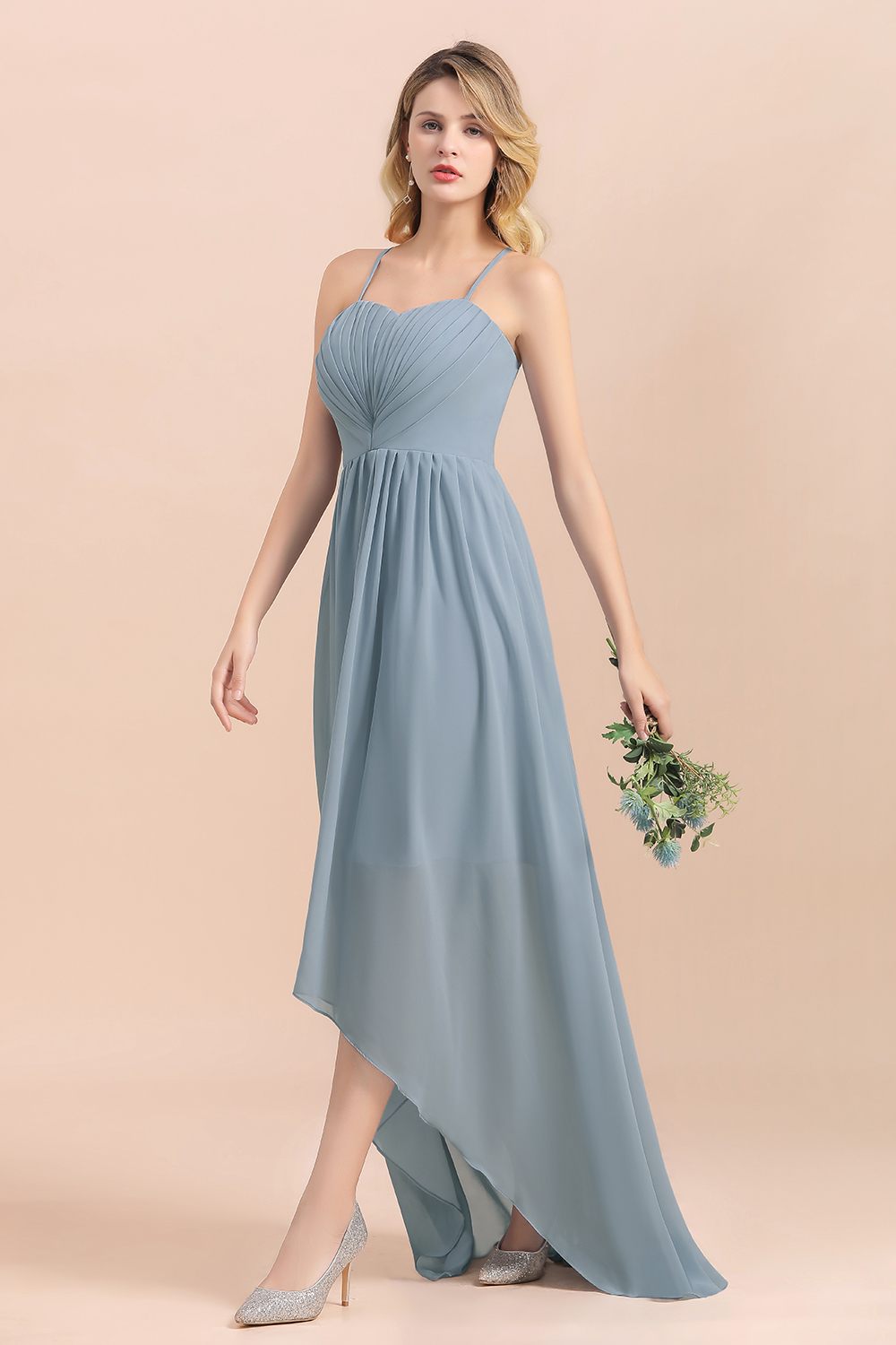 Dusty Blau Brautjungfernkleider Lang Chiffon | Hochzeitspartykleider günstig