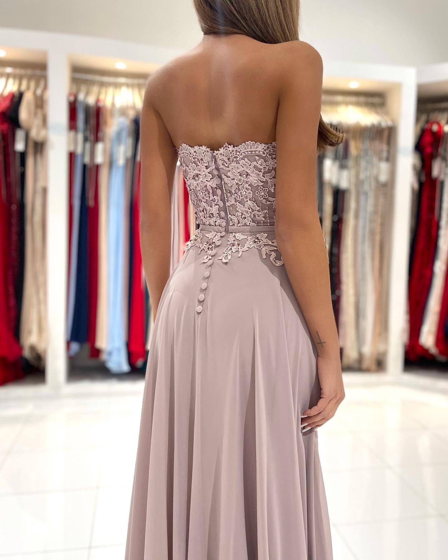 Dunsty Rosa Abendkleider Lang Chiffon | Abiballkleider mit Spitze