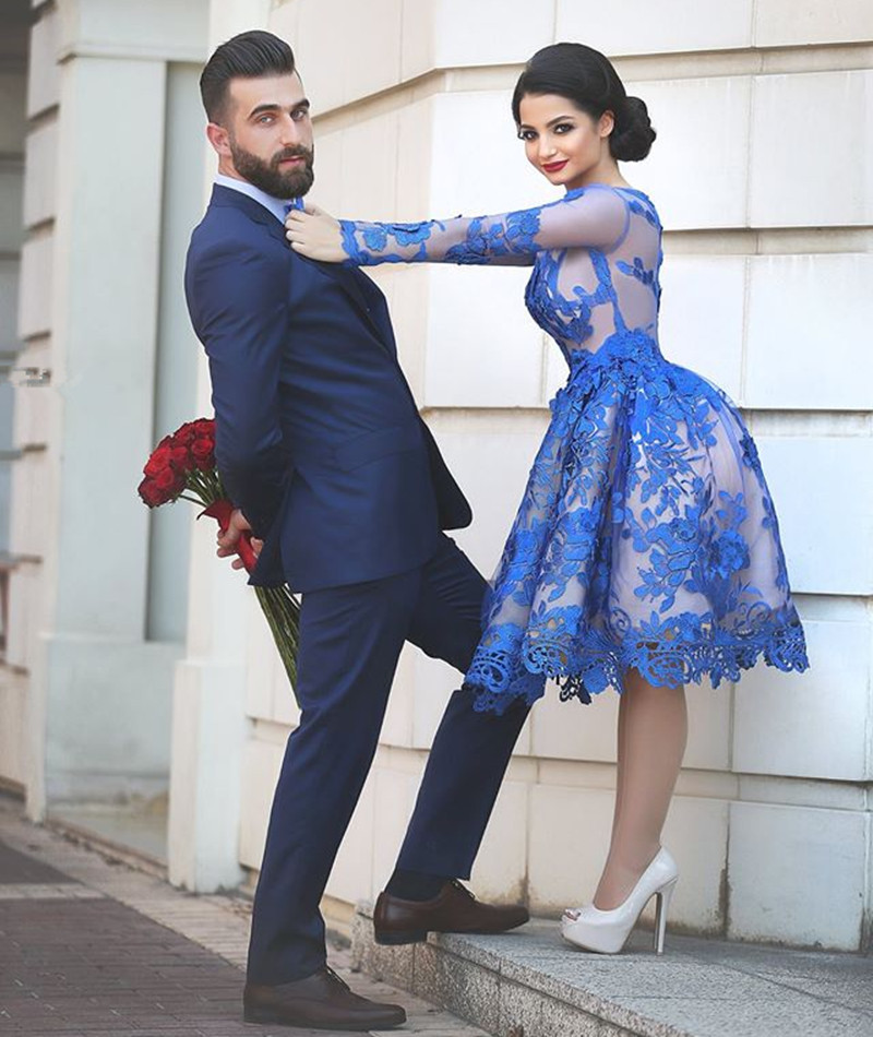 Royal Blau Kurze Cocktailkleider Lang Ärmel Spitze Abendkleider Partykleider